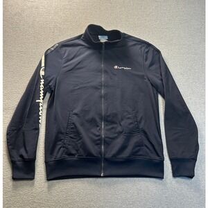 Champion Full Zip Track Jacket Mens M Navy Blue Big Logo Sleeve Y2K Sportswear
